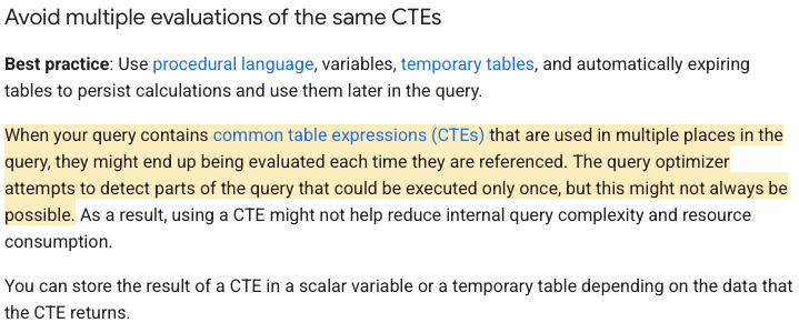 Snapshot of Google BigQuery documentation on avoiding multiple evaluations of the same CTEs.